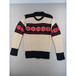 Vtg Wool Sweater Mens Small Ski Aztec Southwestern Christmas Cream Black Red